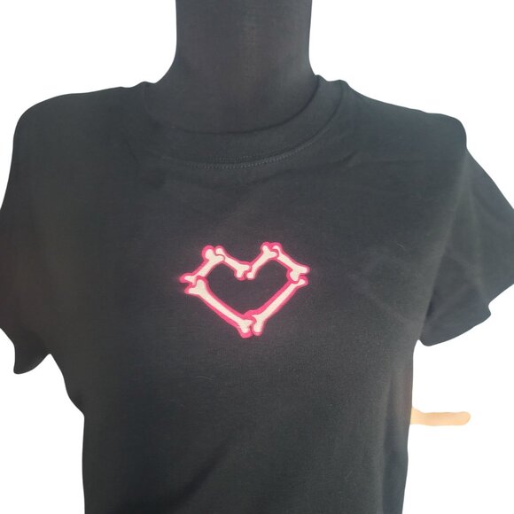 Halloween Size L Womens Black T Shirt Pink Skeleton Heart Design Glitter NEW - Picture 7 of 8